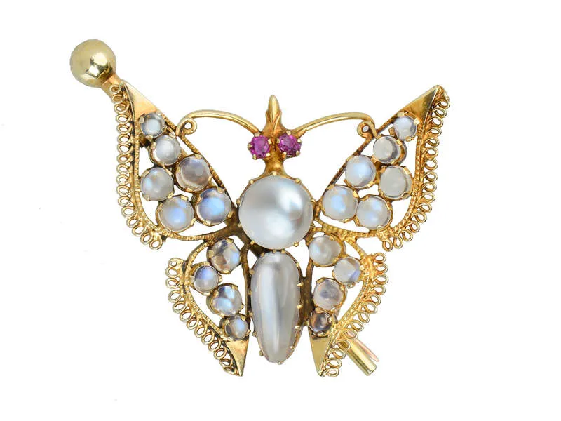 Antique Blue Moonstone Butterfly Brooch