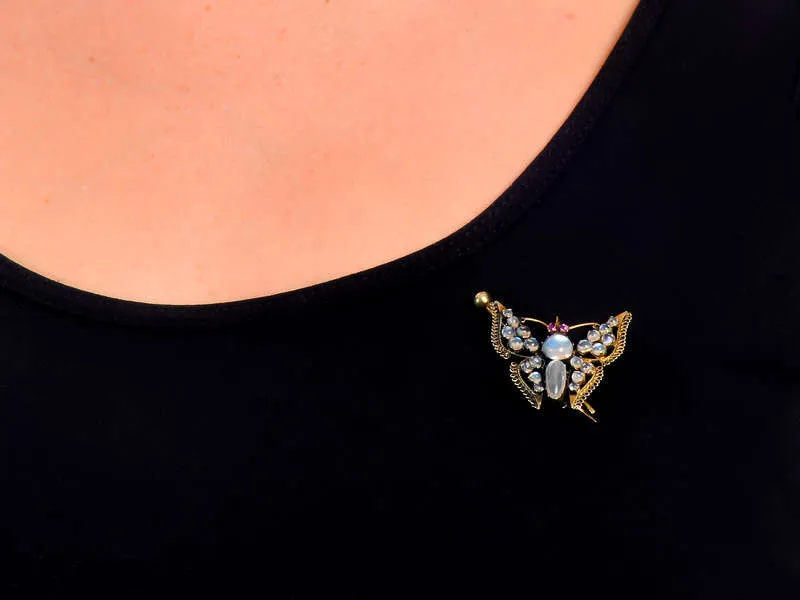 Antique Blue Moonstone Butterfly Brooch