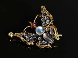 Antique Blue Moonstone Butterfly Brooch