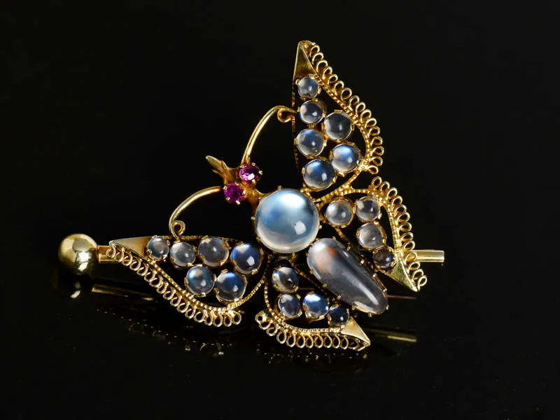 Antique Blue Moonstone Butterfly Brooch