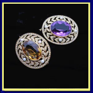 Antique Edwardian Pair Brooches 14k Gold Pearls Amethyst Citrine SOLINGER (6853)
