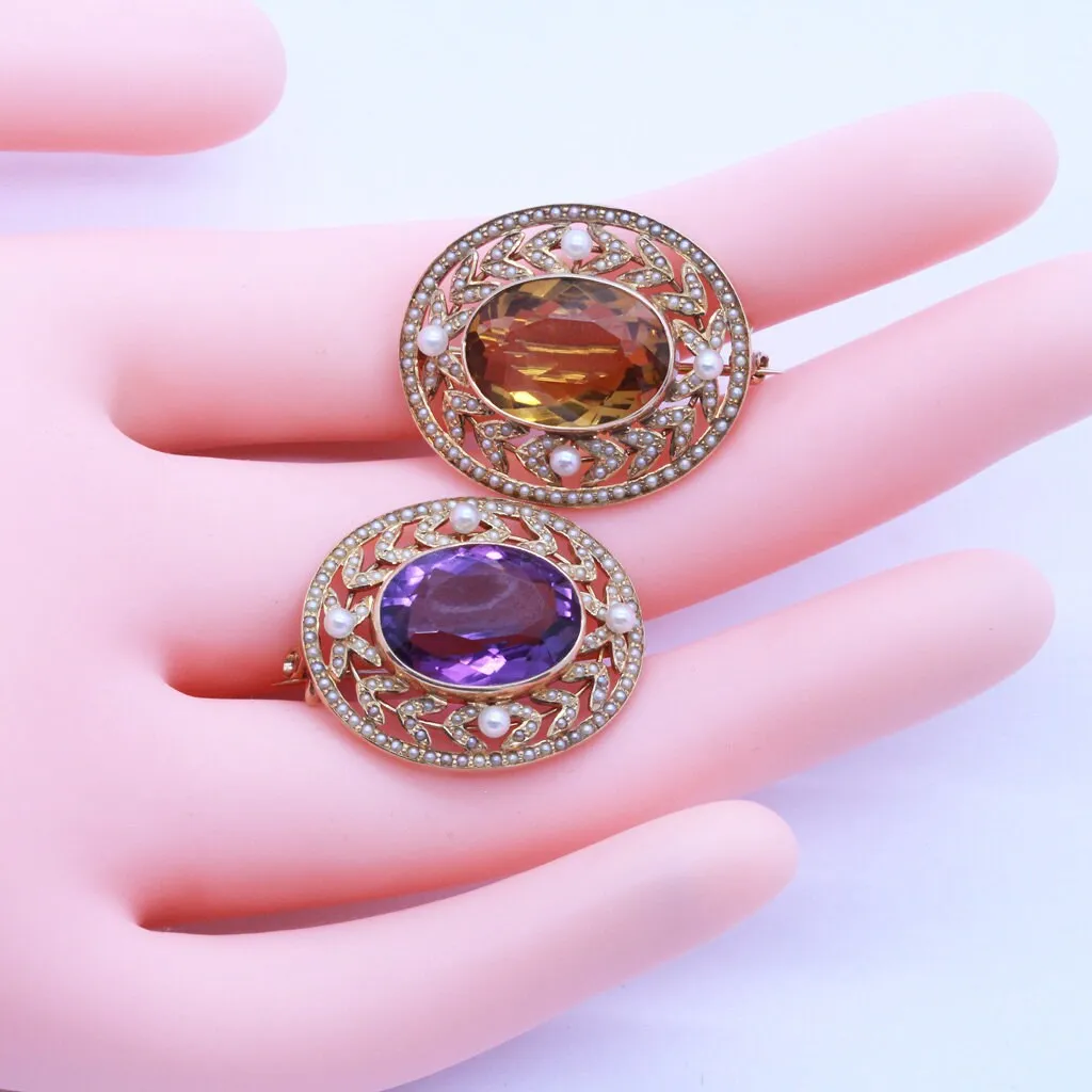 Antique Edwardian Pair Brooches 14k Gold Pearls Amethyst Citrine SOLINGER (6853)