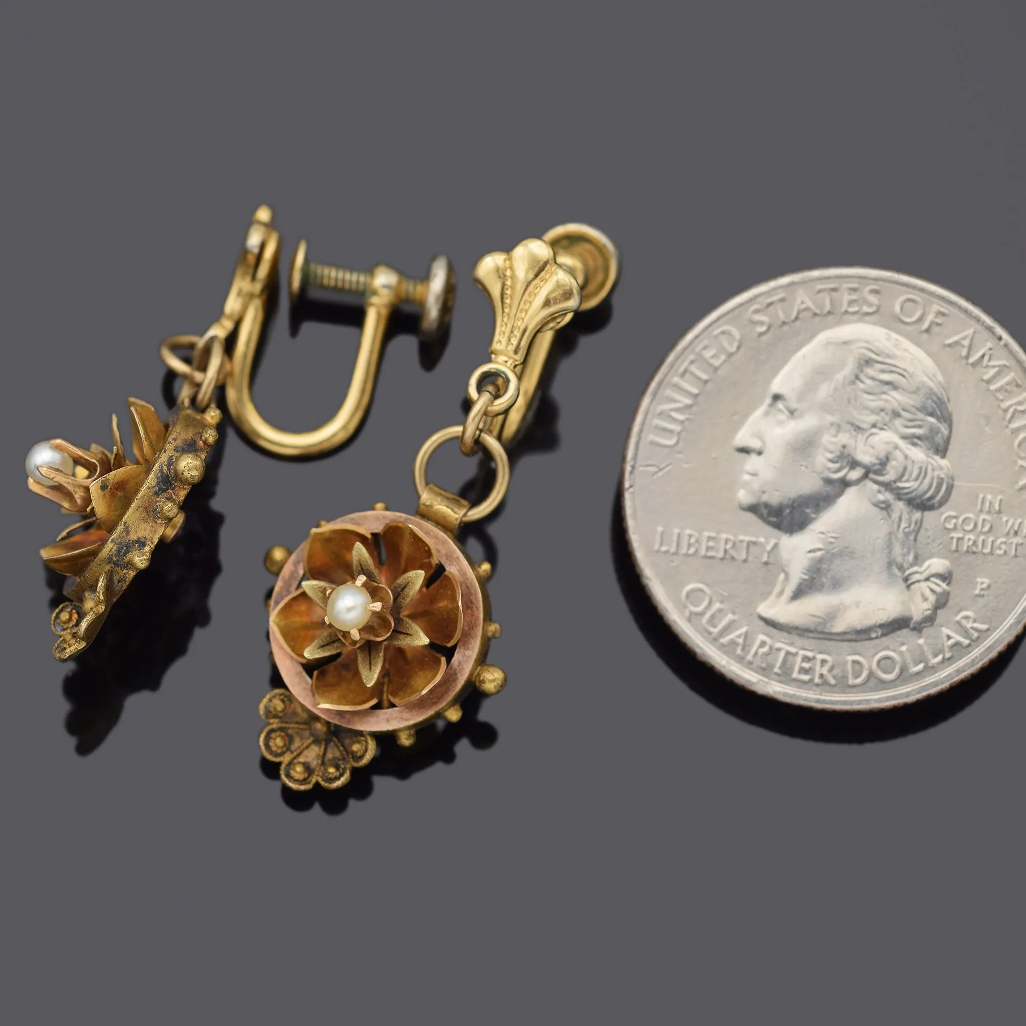 Antique Etruscan 18K Yellow Gold Sea Pearl Floral Screw-Back Dangle Earrings