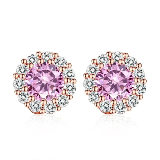BAMOER 10 Colors Romantic Gold Color Round Stud Earrings with AAA Zircon For Women Jewelry boucle d'oreille JIE054
