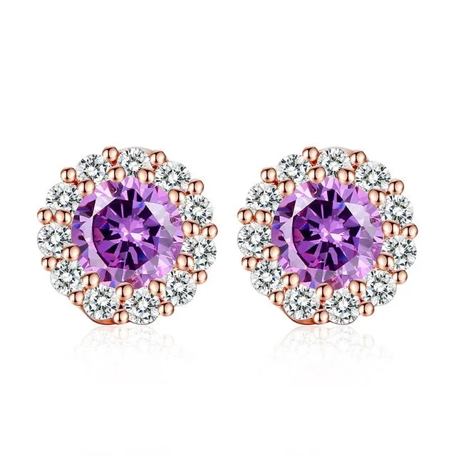 BAMOER 10 Colors Romantic Gold Color Round Stud Earrings with AAA Zircon For Women Jewelry boucle d'oreille JIE054