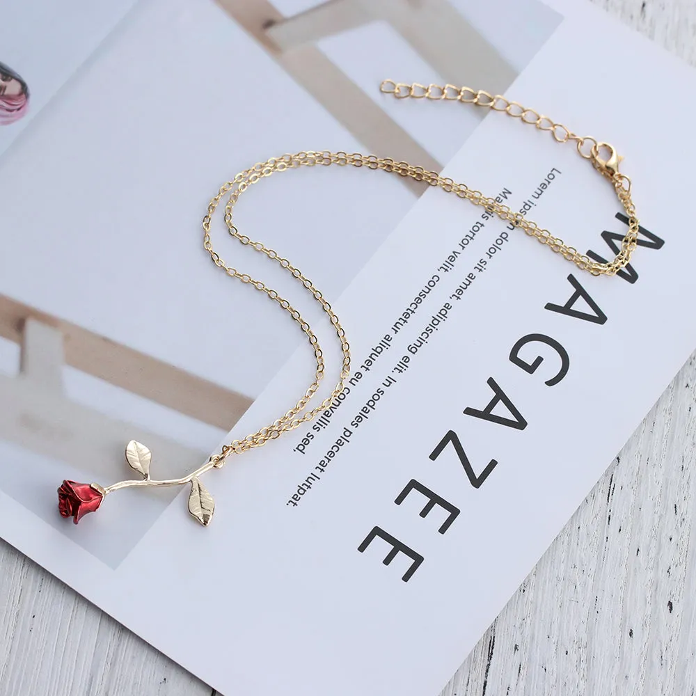 Bijoux Red Rose Flower Statement Necklace Women Choker Rose Gold Color Flower Pendant Necklace Boho Charm Jewelry Nice Gifts