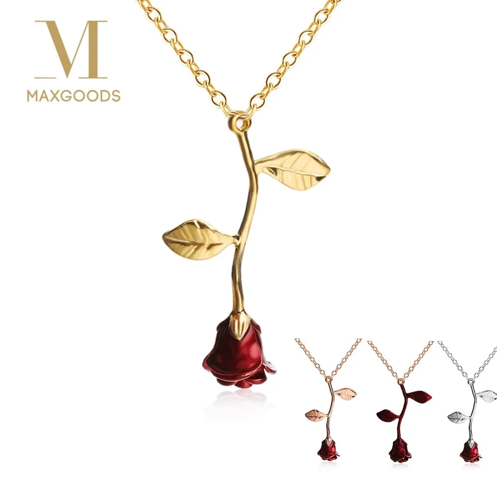 Bijoux Red Rose Flower Statement Necklace Women Choker Rose Gold Color Flower Pendant Necklace Boho Charm Jewelry Nice Gifts