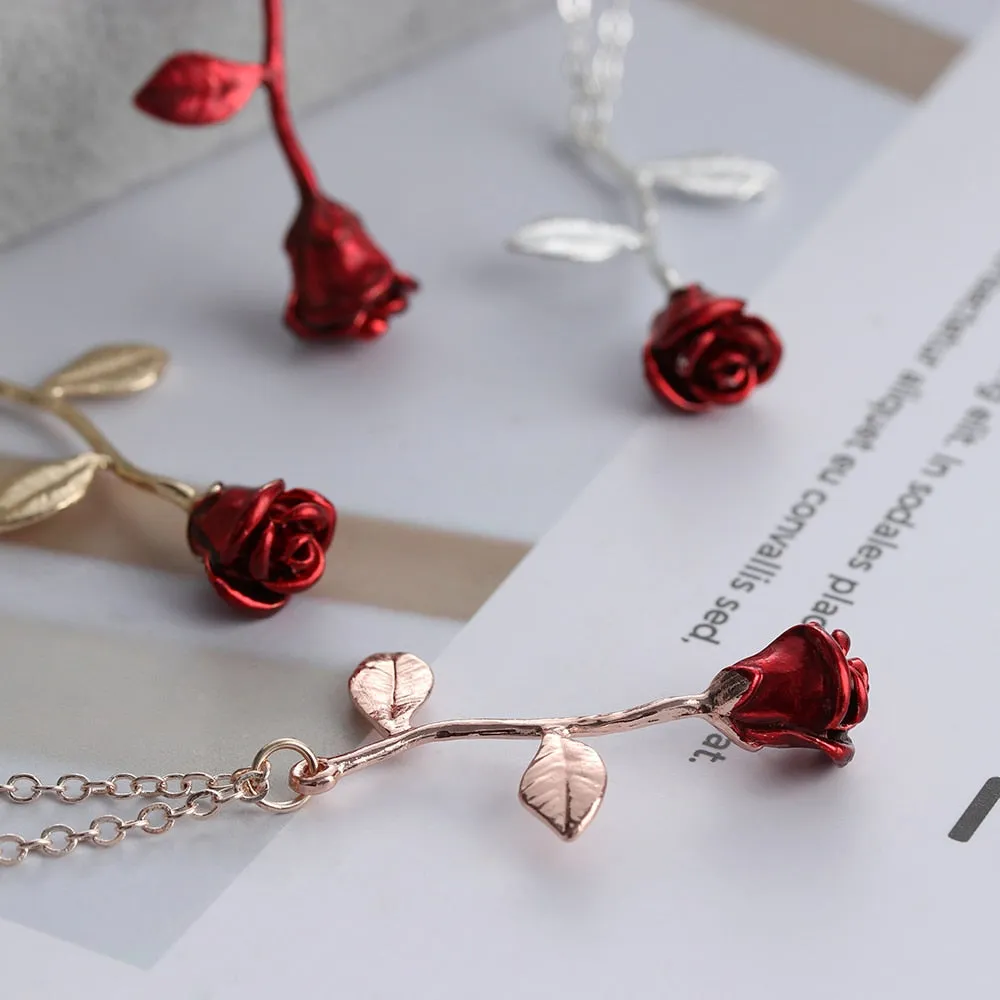 Bijoux Red Rose Flower Statement Necklace Women Choker Rose Gold Color Flower Pendant Necklace Boho Charm Jewelry Nice Gifts