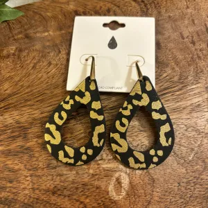 Black and Gold Leopard Print Teardrop Dangle Earrings