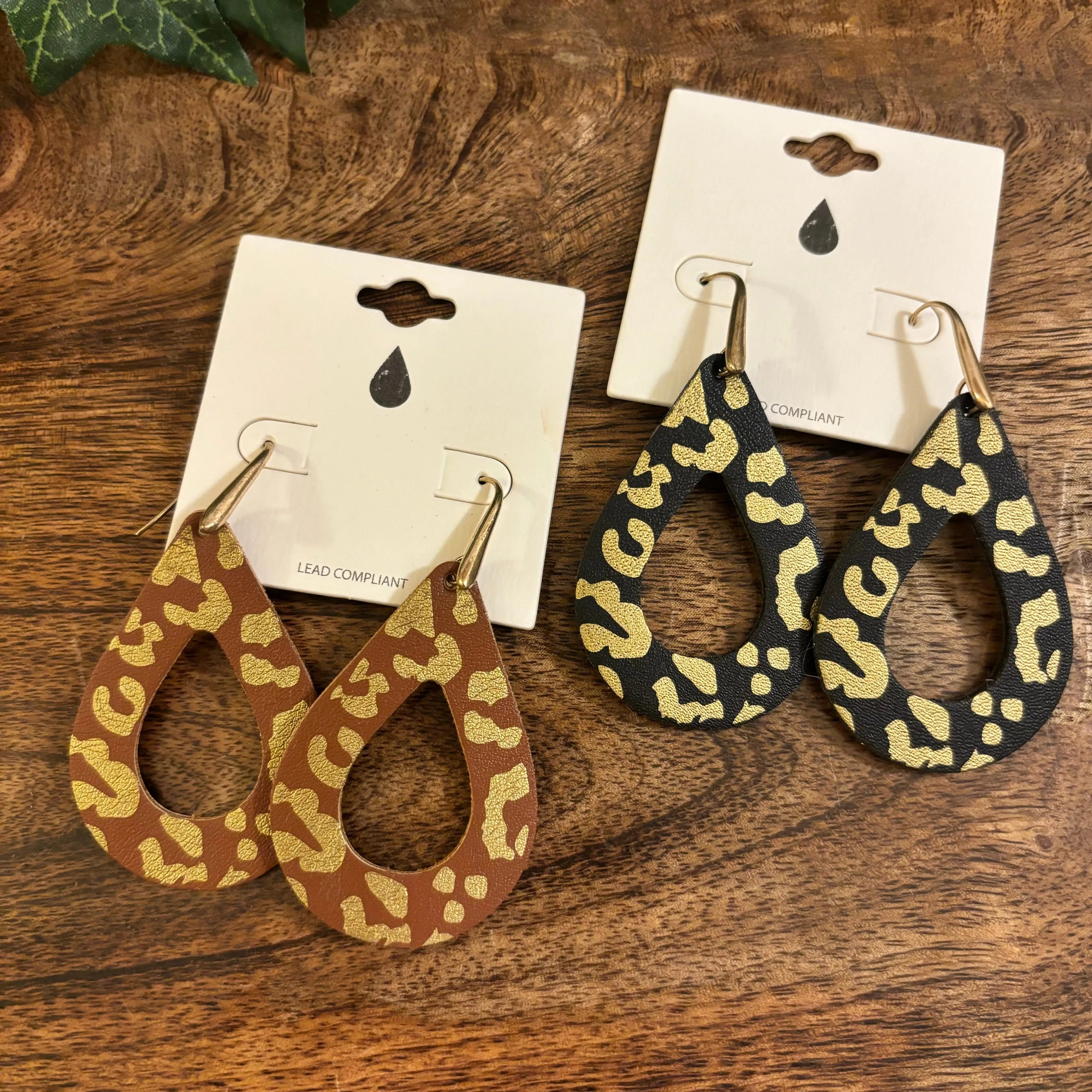 Black and Gold Leopard Print Teardrop Dangle Earrings
