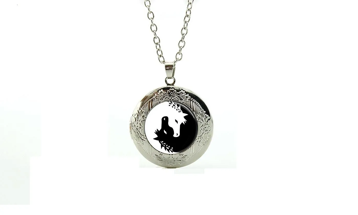 Black and White Glass Cabochon Unicorn Art Pendant Necklace