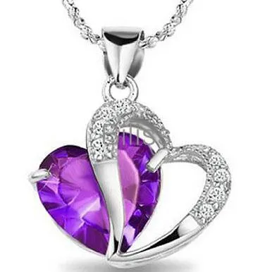 Blue Purple Fashion Necklace For Women 925 Sterling Silver CZ Heart Pendant Necklace Ladies Gifts Jewelry bijoux femme