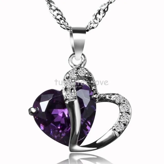 Blue Purple Fashion Necklace For Women 925 Sterling Silver CZ Heart Pendant Necklace Ladies Gifts Jewelry bijoux femme