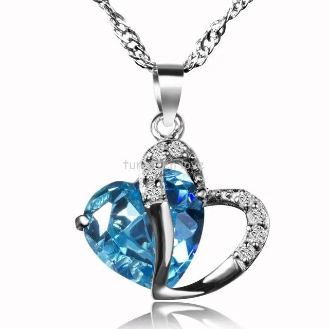 Blue Purple Fashion Necklace For Women 925 Sterling Silver CZ Heart Pendant Necklace Ladies Gifts Jewelry bijoux femme
