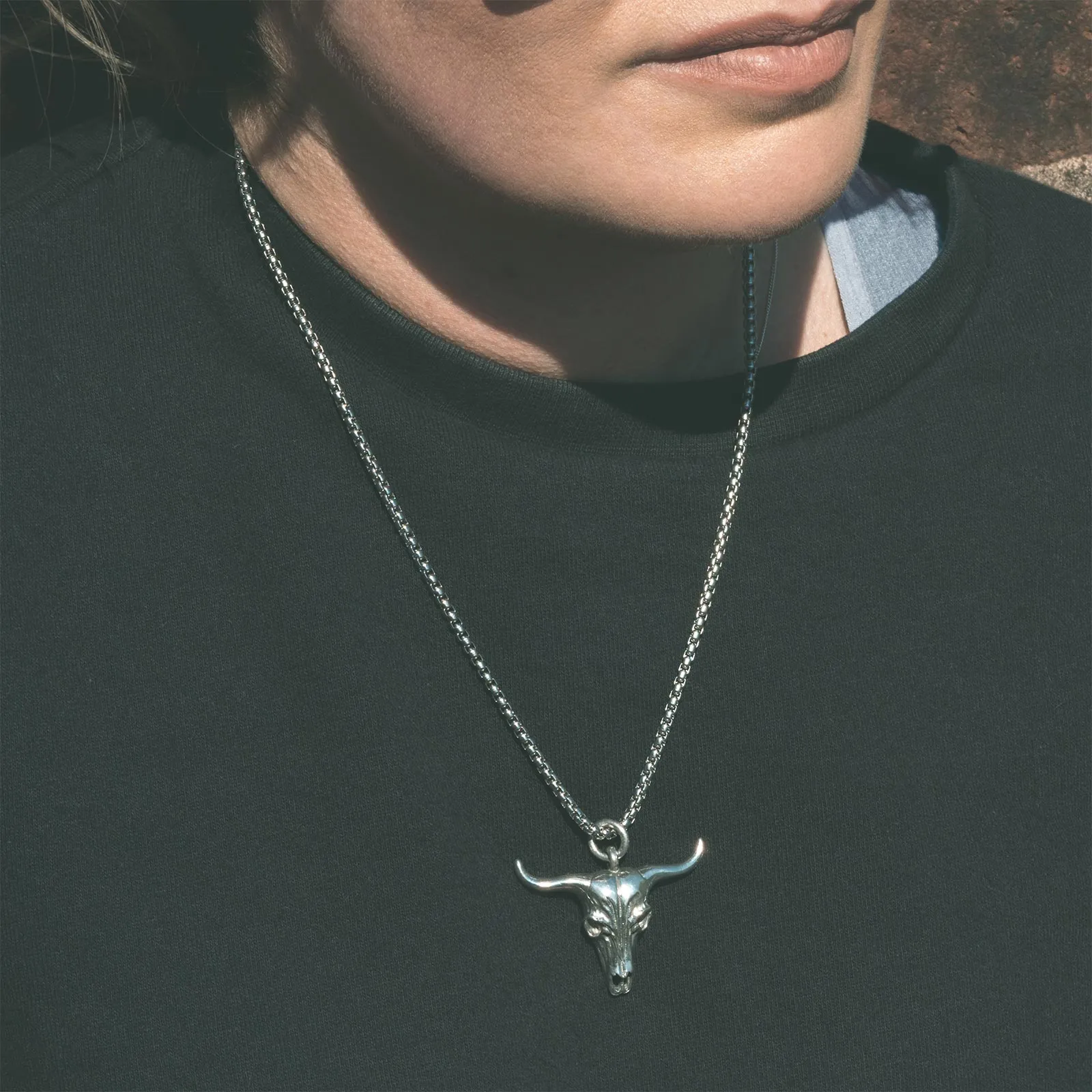 Bull Skull White Brass Pendant With Surgical Steel Box Chain