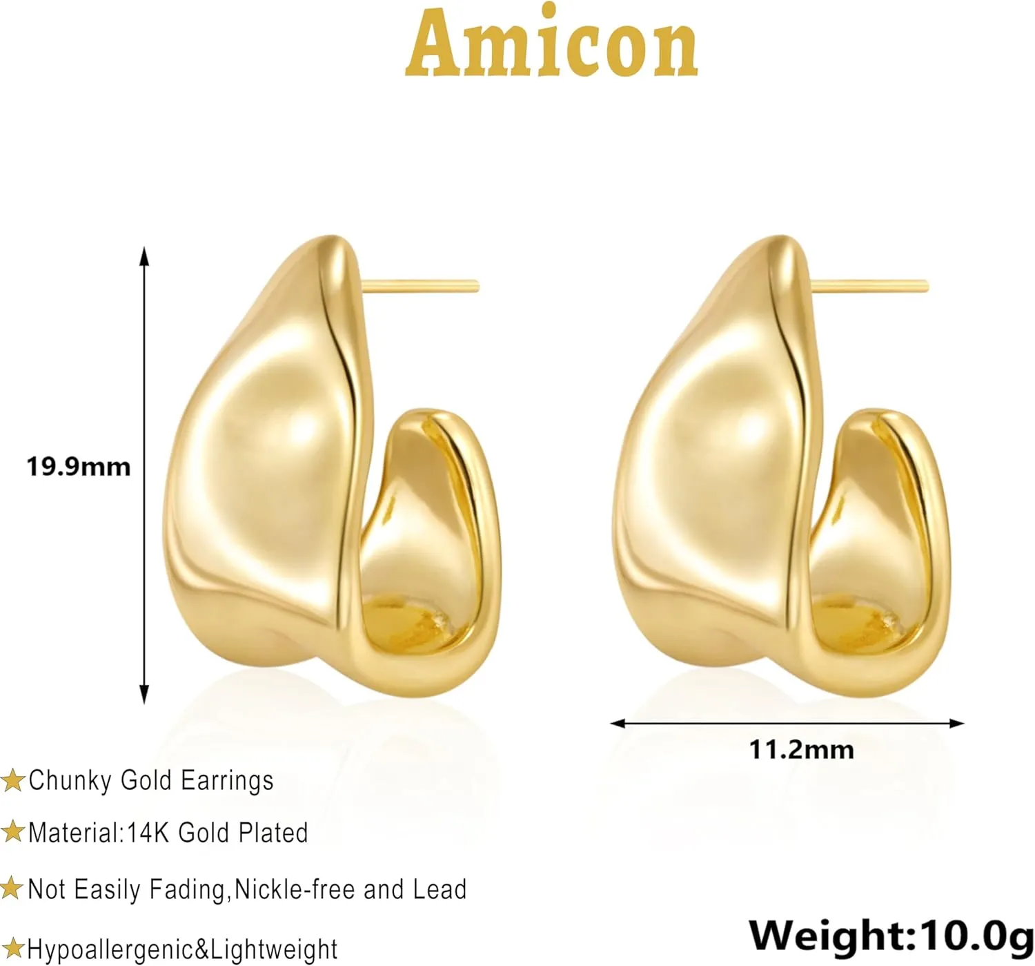 Chunky Gold Stud Earrings for Women 14k Gold Plated Hypoallergenic Earrings Statement Trendy Fashion Gold Jewelry Gifts