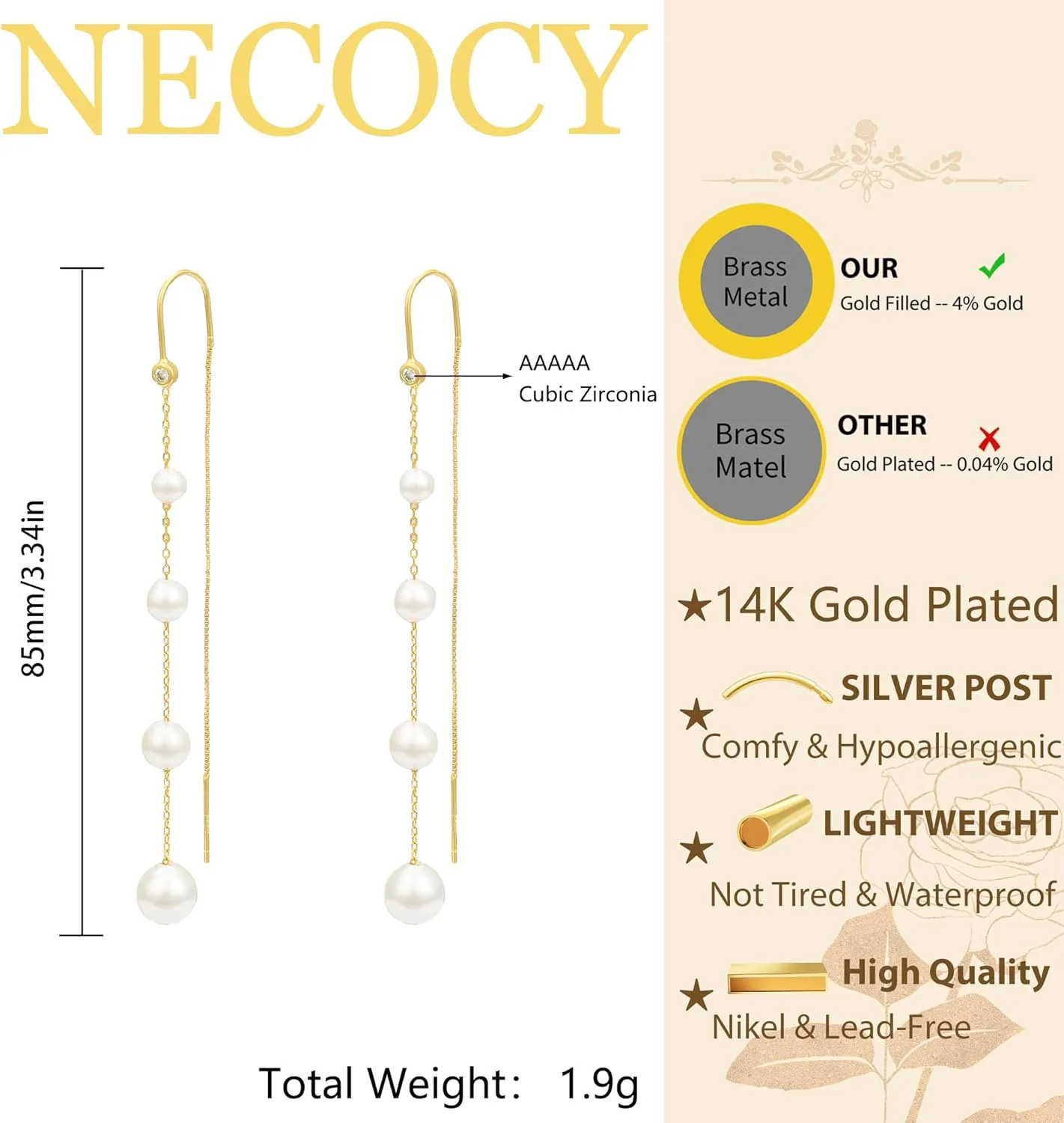Dangle Earrings for Women Dainty Long Hanging Gold/Silver Chain Earrings Trendy Hypoallergenic Dangling CZ/Pearl Threader Earrings for Women Jewelry