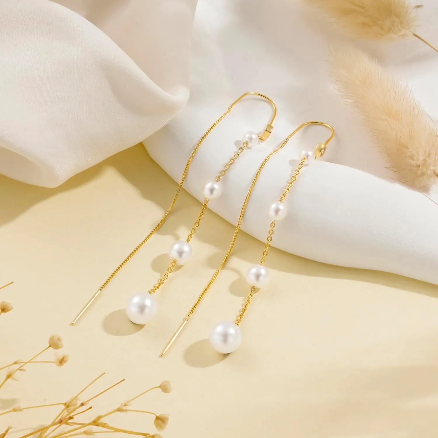 Dangle Earrings for Women Dainty Long Hanging Gold/Silver Chain Earrings Trendy Hypoallergenic Dangling CZ/Pearl Threader Earrings for Women Jewelry