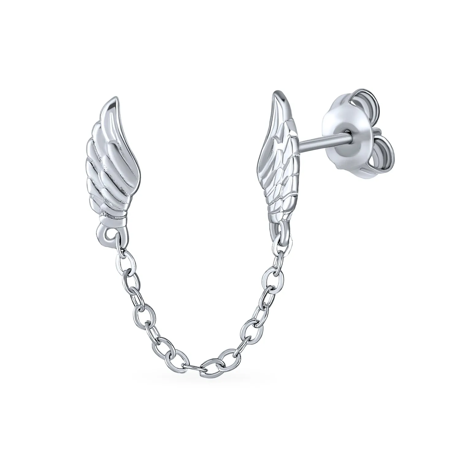 Delicate Angel Wing Feather Stud Earrings with Chain, Sterling Silver, Double Piercing