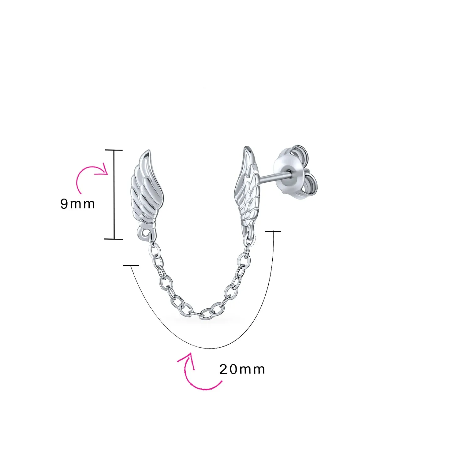 Delicate Angel Wing Feather Stud Earrings with Chain, Sterling Silver, Double Piercing