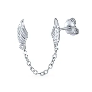 Delicate Angel Wing Feather Stud Earrings with Chain, Sterling Silver, Double Piercing