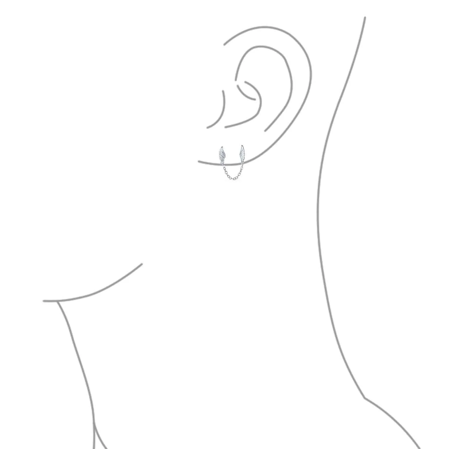 Delicate Angel Wing Feather Stud Earrings with Chain, Sterling Silver, Double Piercing