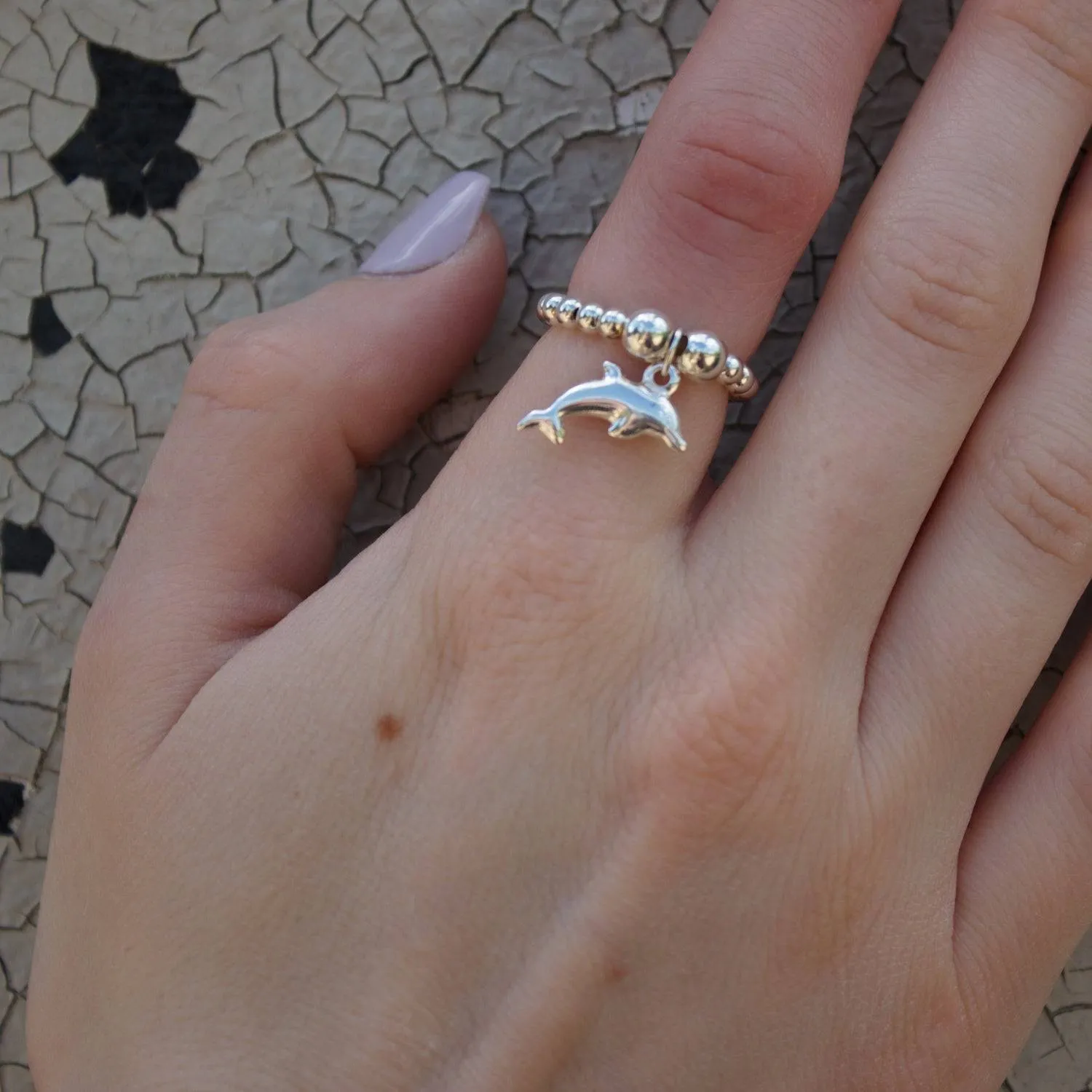 Dolphin on Silver Ball Bead Ring