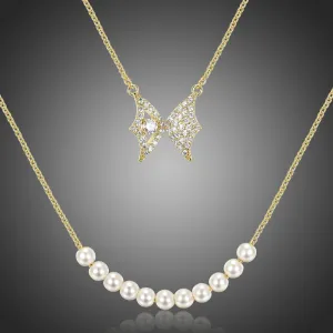 Double Chain Butterfly Pearl Pendant Necklace KPN0280