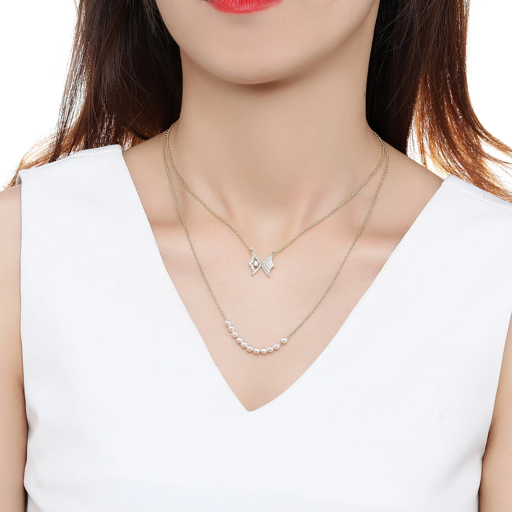 Double Chain Butterfly Pearl Pendant Necklace KPN0280