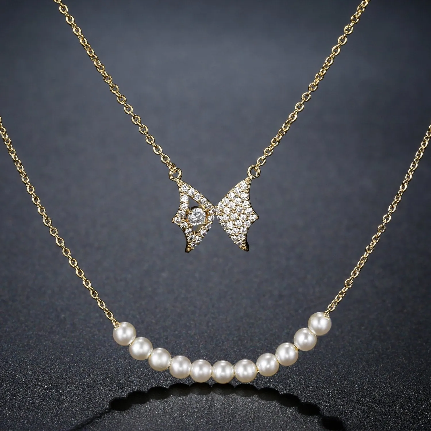 Double Chain Butterfly Pearl Pendant Necklace KPN0280