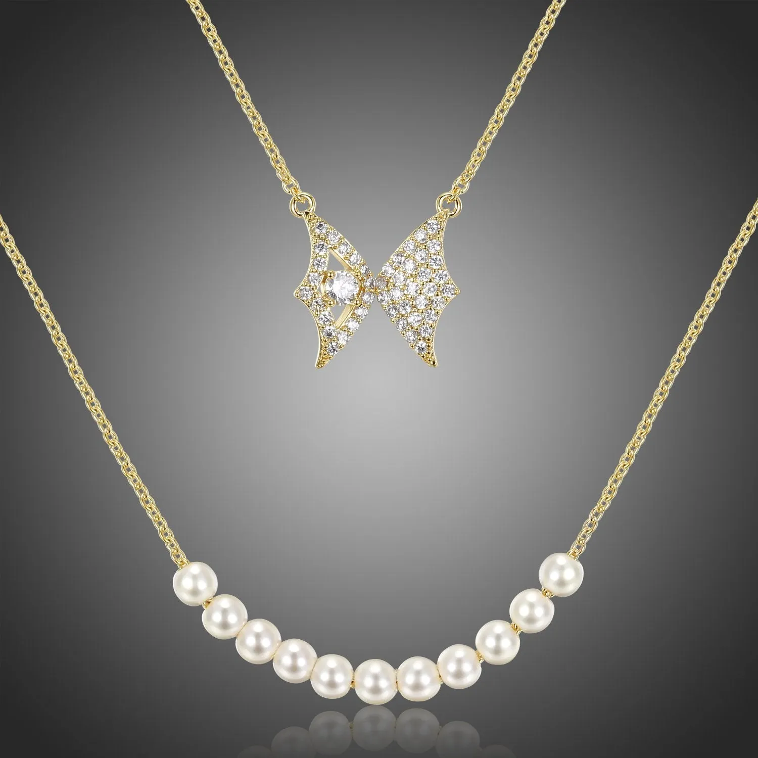 Double Chain Butterfly Pearl Pendant Necklace KPN0280