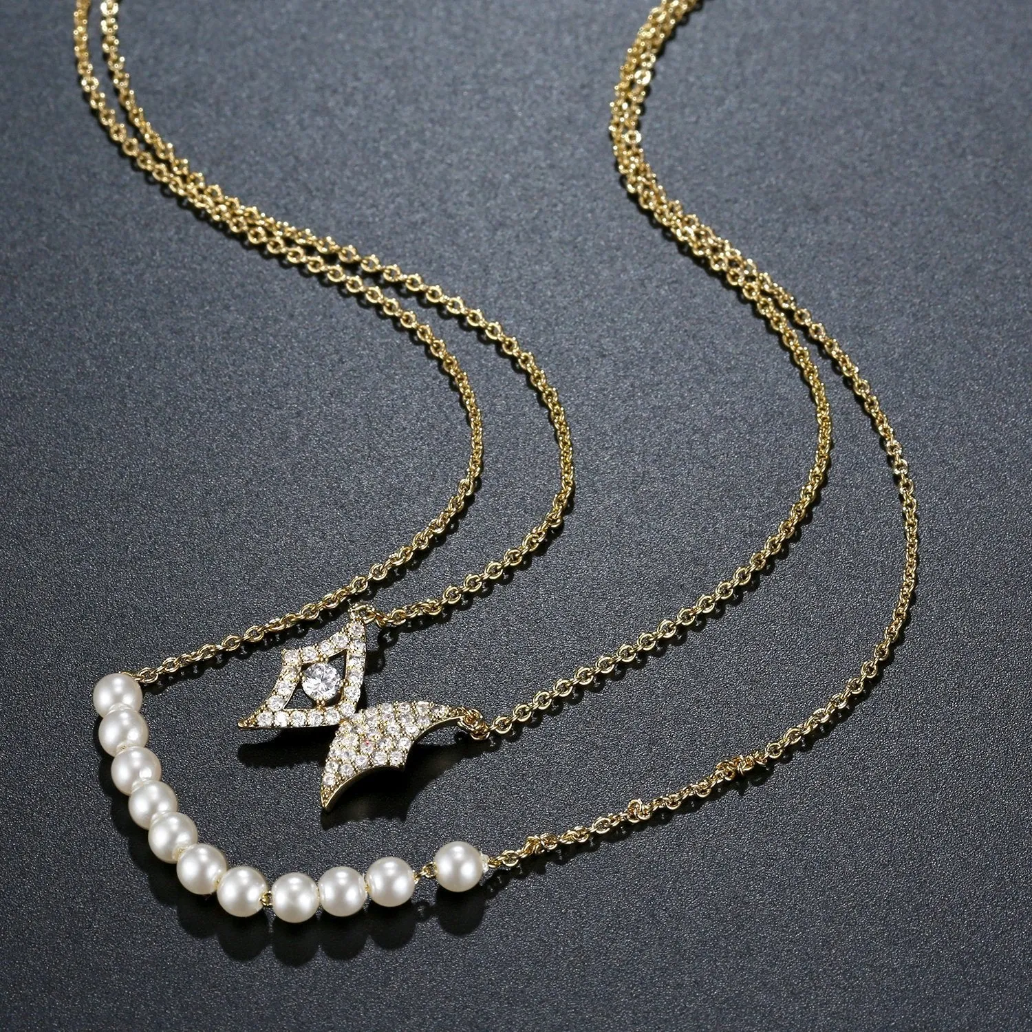 Double Chain Butterfly Pearl Pendant Necklace KPN0280