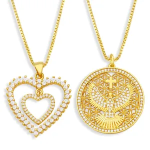 Double Heart Necklace For Women Round Hollow Eagle Cross Pendant Necklace