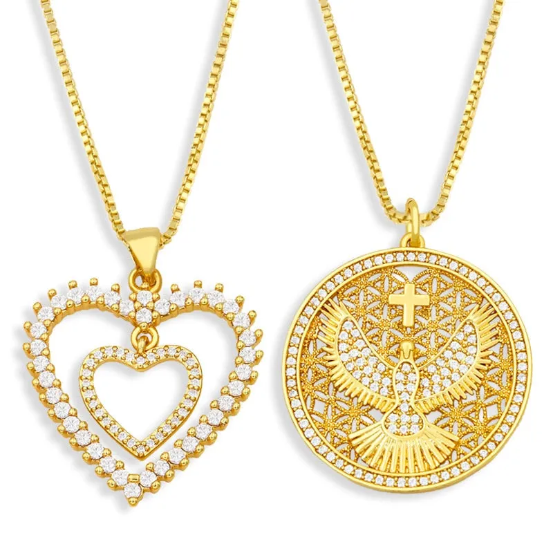 Double Heart Necklace For Women Round Hollow Eagle Cross Pendant Necklace