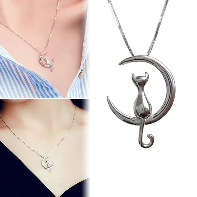 Fashion Cat Moon Pendant Necklace Charm Jewelry For Women