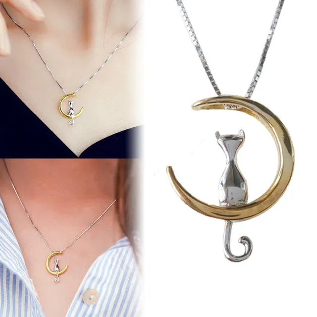 Fashion Cat Moon Pendant Necklace Charm Jewelry For Women