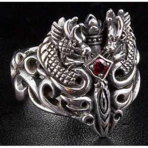 Garnet Medieval Dragon Men's Ring