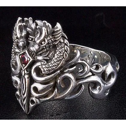 Garnet Medieval Dragon Men's Ring