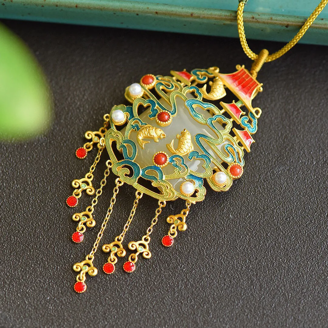 Gilt natural Hetian jade geometric carp pearl necklace pendant