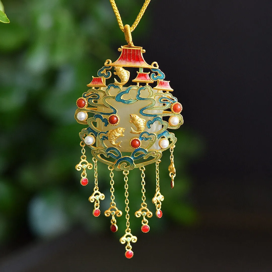 Gilt natural Hetian jade geometric carp pearl necklace pendant
