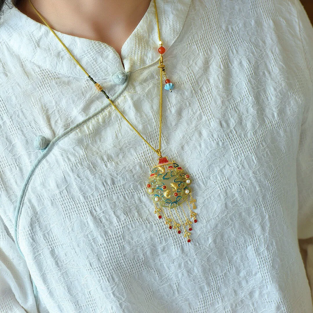 Gilt natural Hetian jade geometric carp pearl necklace pendant