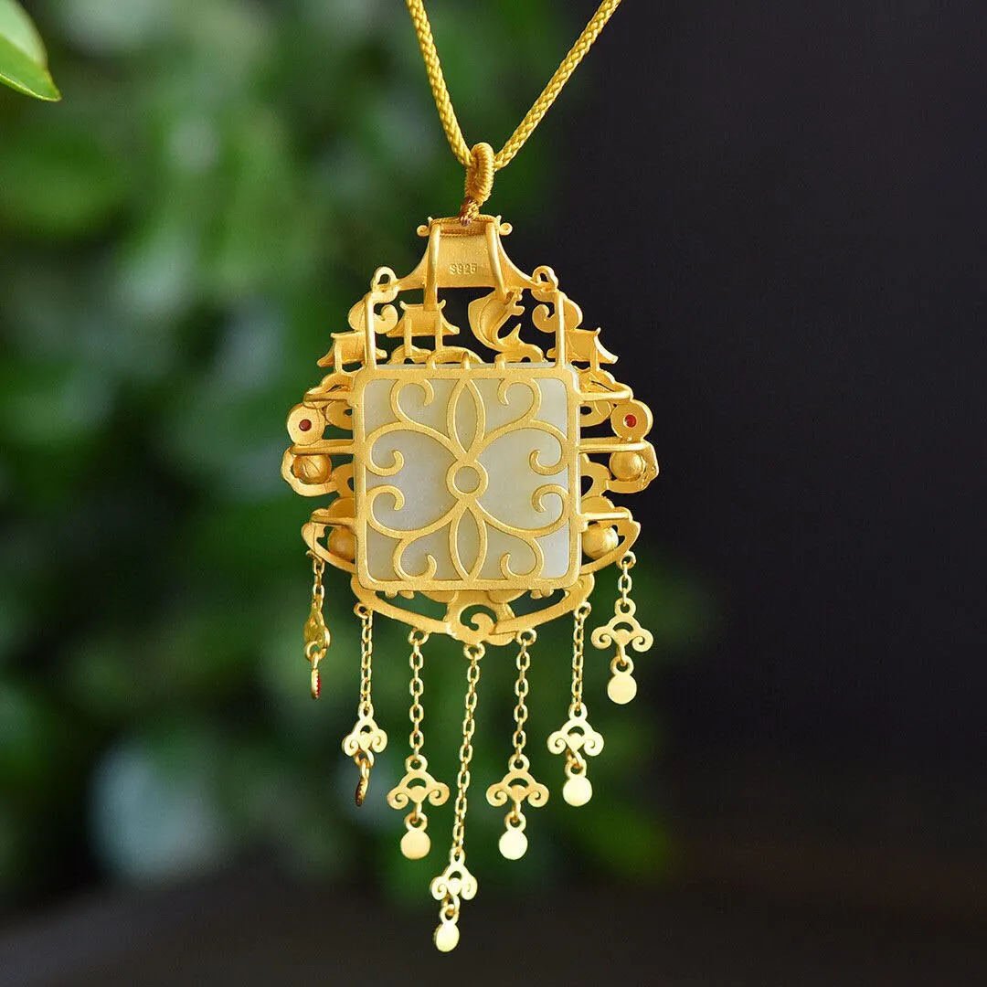 Gilt natural Hetian jade geometric carp pearl necklace pendant
