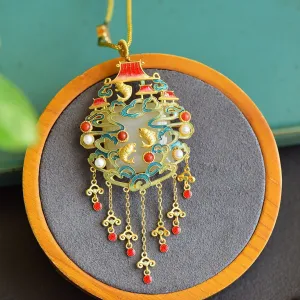 Gilt natural Hetian jade geometric carp pearl necklace pendant
