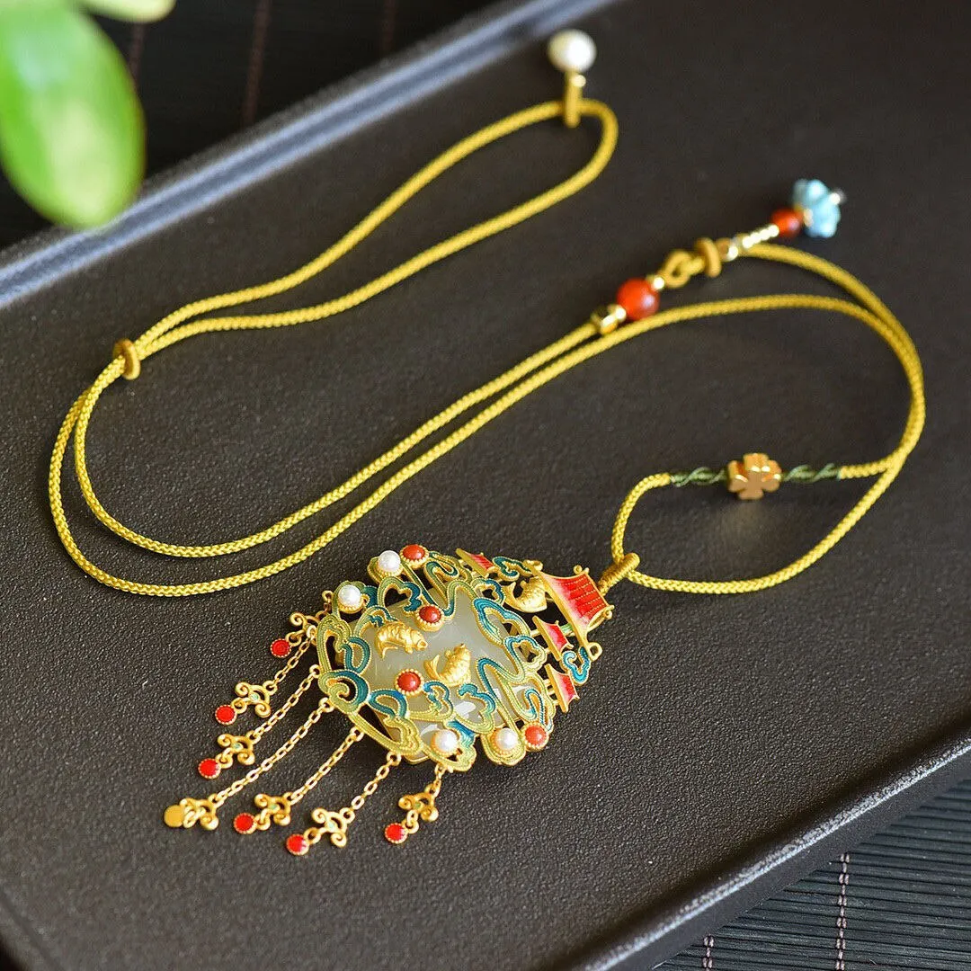 Gilt natural Hetian jade geometric carp pearl necklace pendant