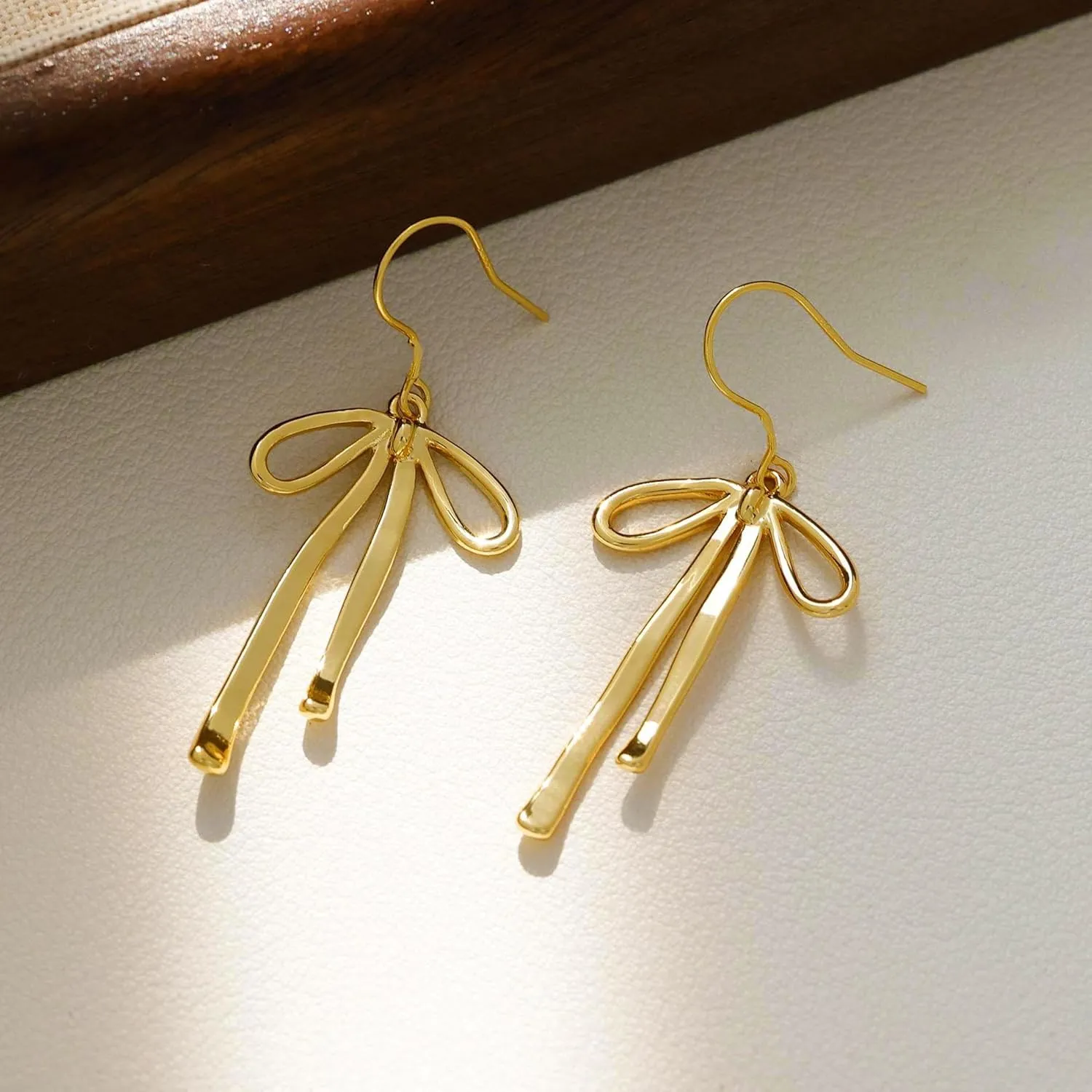 Gold Bow Earrings for Women Trendy, Cute Bow Stud Earring 14k Gold Plated Dainty Ribbon Pearl Bow Drop Dangle Earrings Hypoallergenic Gold Earrings Sparkly Christmas Earrings for Women Jewelry Gift