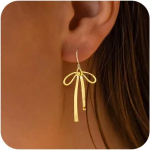 Gold Bow Earrings for Women Trendy, Cute Bow Stud Earring 14k Gold Plated Dainty Ribbon Pearl Bow Drop Dangle Earrings Hypoallergenic Gold Earrings Sparkly Christmas Earrings for Women Jewelry Gift