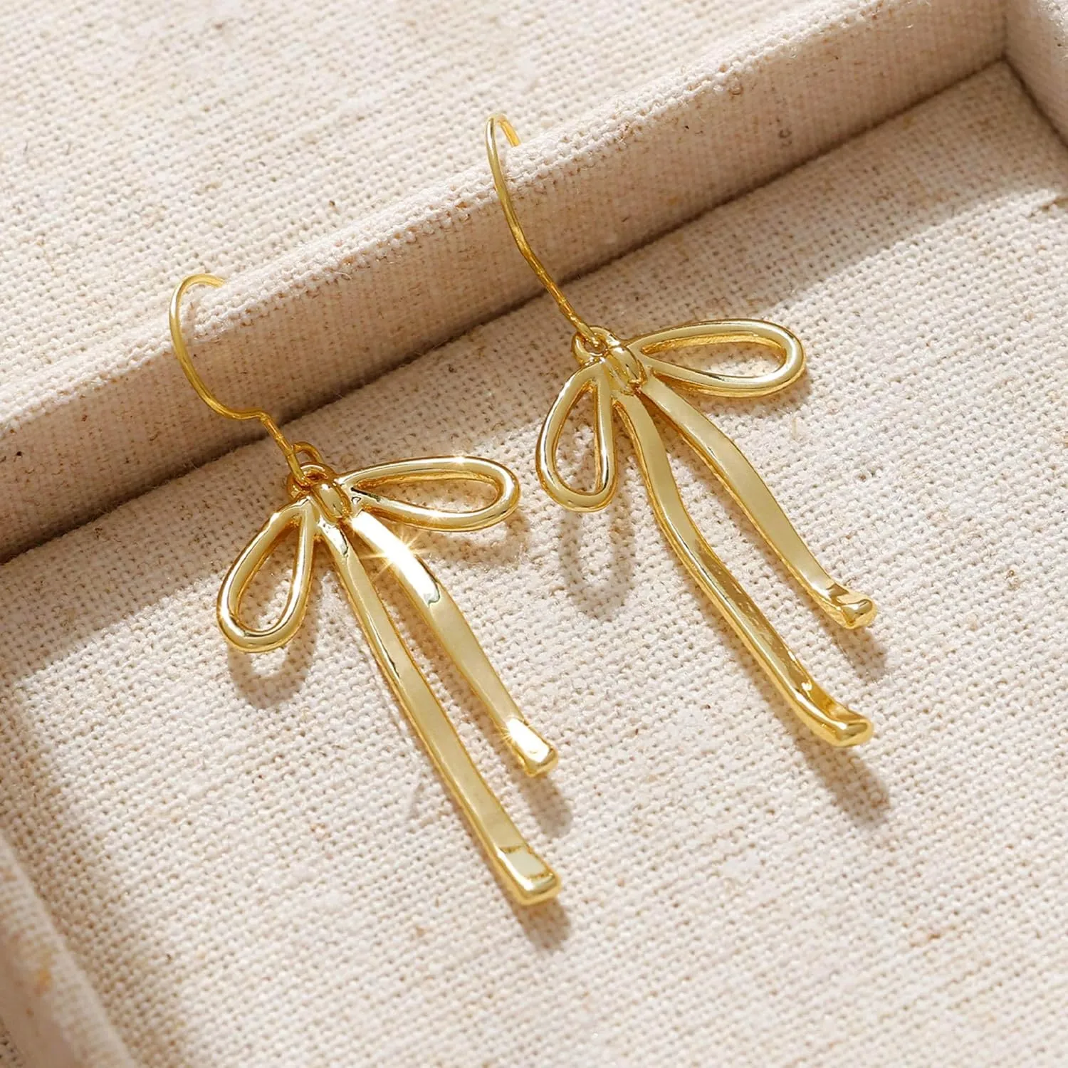 Gold Bow Earrings for Women Trendy, Cute Bow Stud Earring 14k Gold Plated Dainty Ribbon Pearl Bow Drop Dangle Earrings Hypoallergenic Gold Earrings Sparkly Christmas Earrings for Women Jewelry Gift