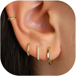 Gold Hoop Earrings Set for Women, 14K Gold Plated Lightweight Earrings Sets for Multiple Piercing, Hypoallergenic Chunky Trendy Gold Earrings for Women Jewelry