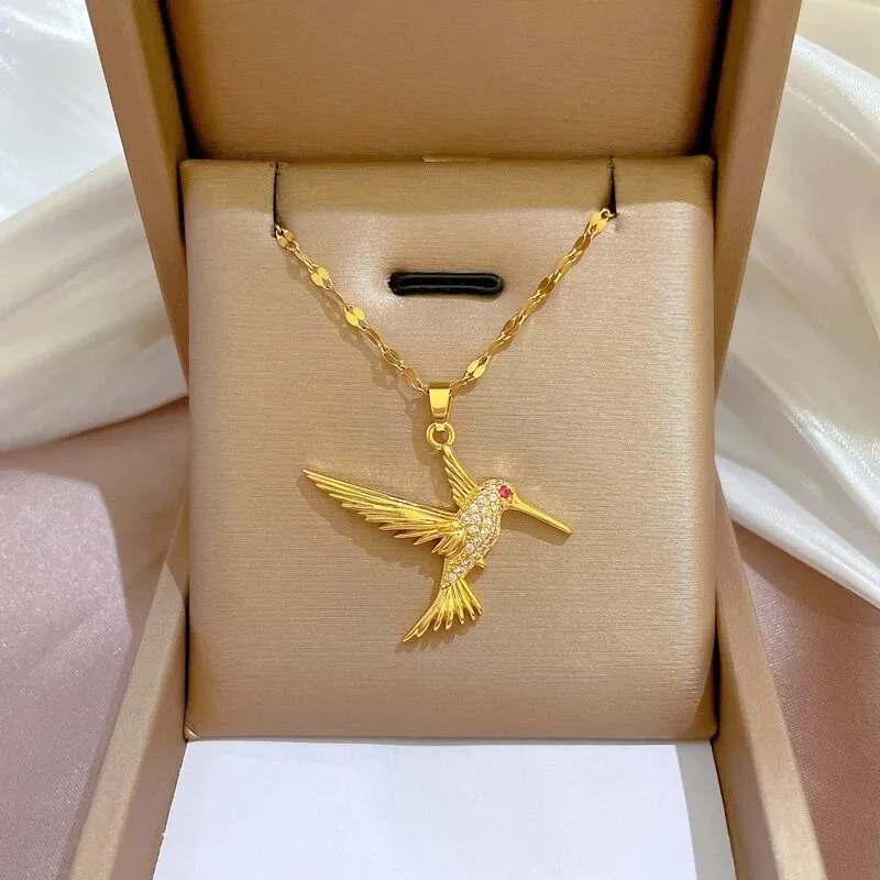 Gold Plated Hummingbird Bird Pendant Necklace For Women