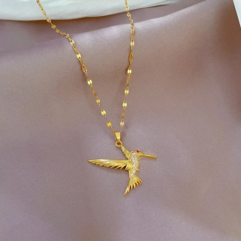 Gold Plated Hummingbird Bird Pendant Necklace For Women